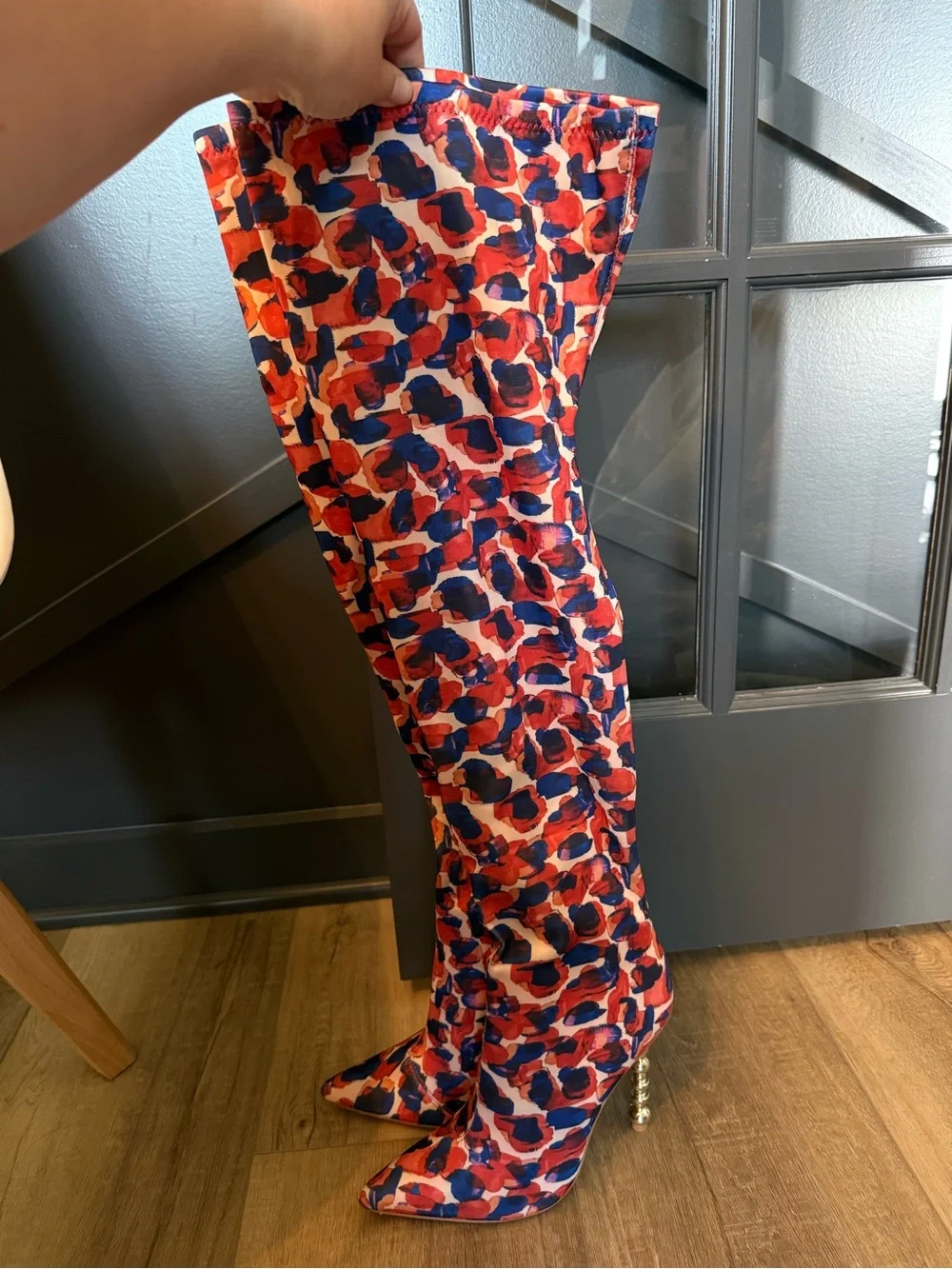 ☀️🌊 Cape Robbin Kalel Stylish Red & Blue Printed Stiletto Knee-High Boot NWT